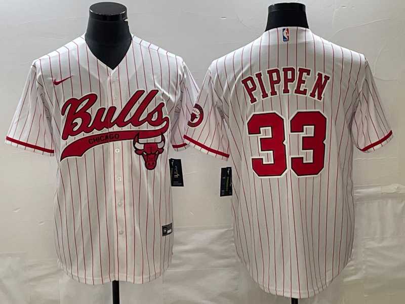 Mens Chicago Bulls #33 Scottie Pippen White Pinstripe Cool Base Stitched Baseball Jersey